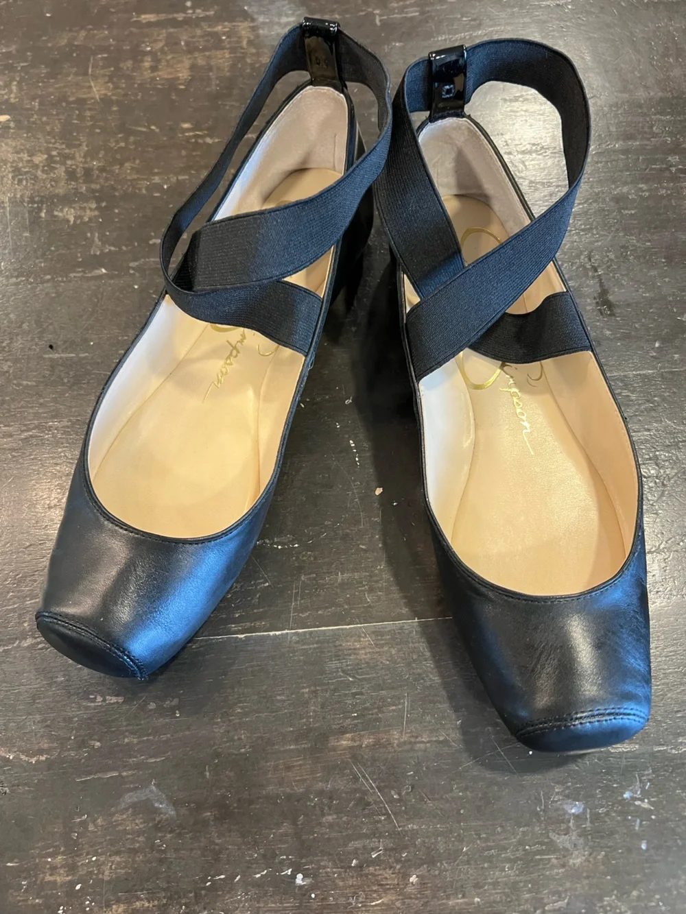 Jessica Simpson Black Leather Ballet Flats with Crisscross Elastic Straps